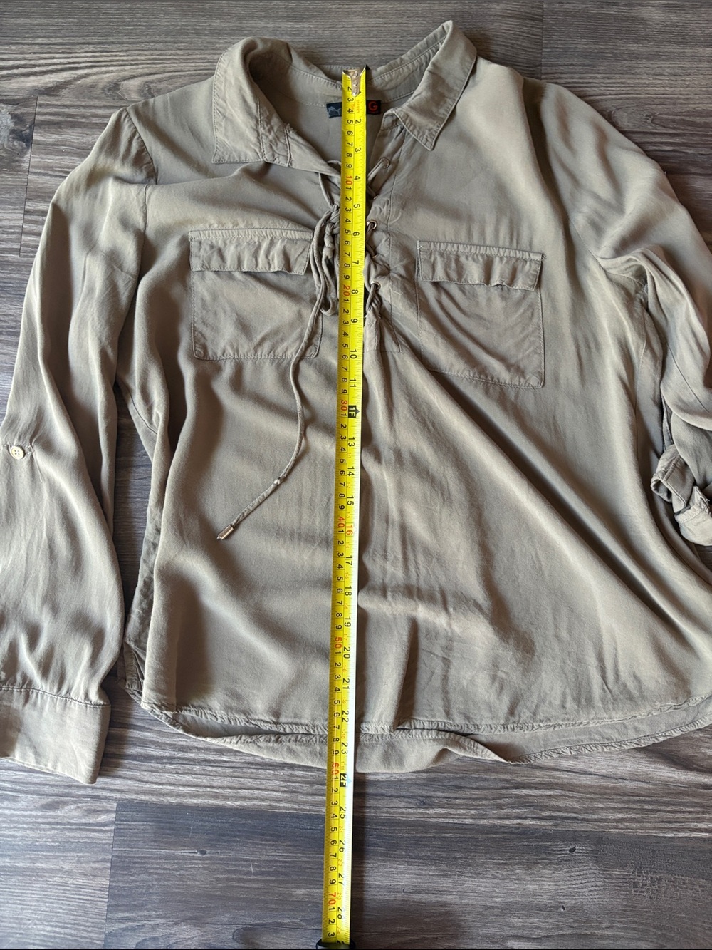 GUESS:Olive String-tieButton Front Blouse Size L - Picture 7 of 10